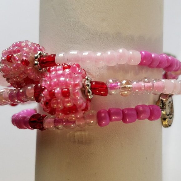 Hand Crafted Memory Wire Wrap Bracelet with Charms Pink/Red Small - Picture 2 of 8